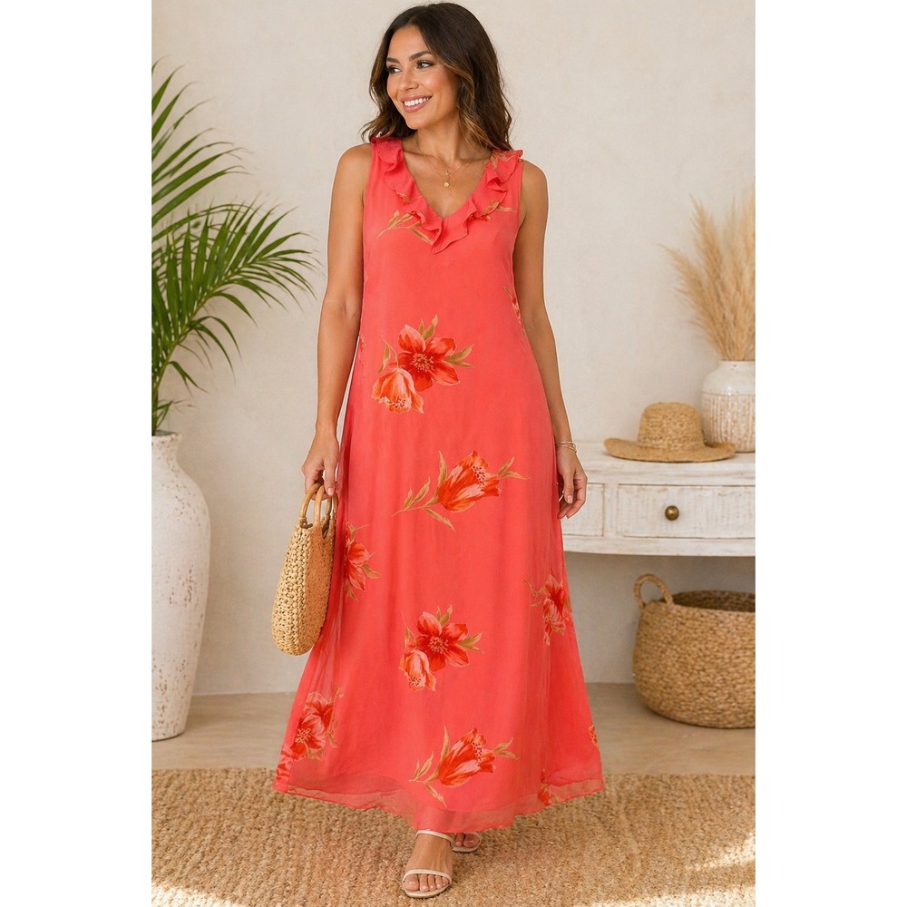 Coral Floral Maxi Dress Ruffle Neck Sleeveless Resort Vacation Size 12